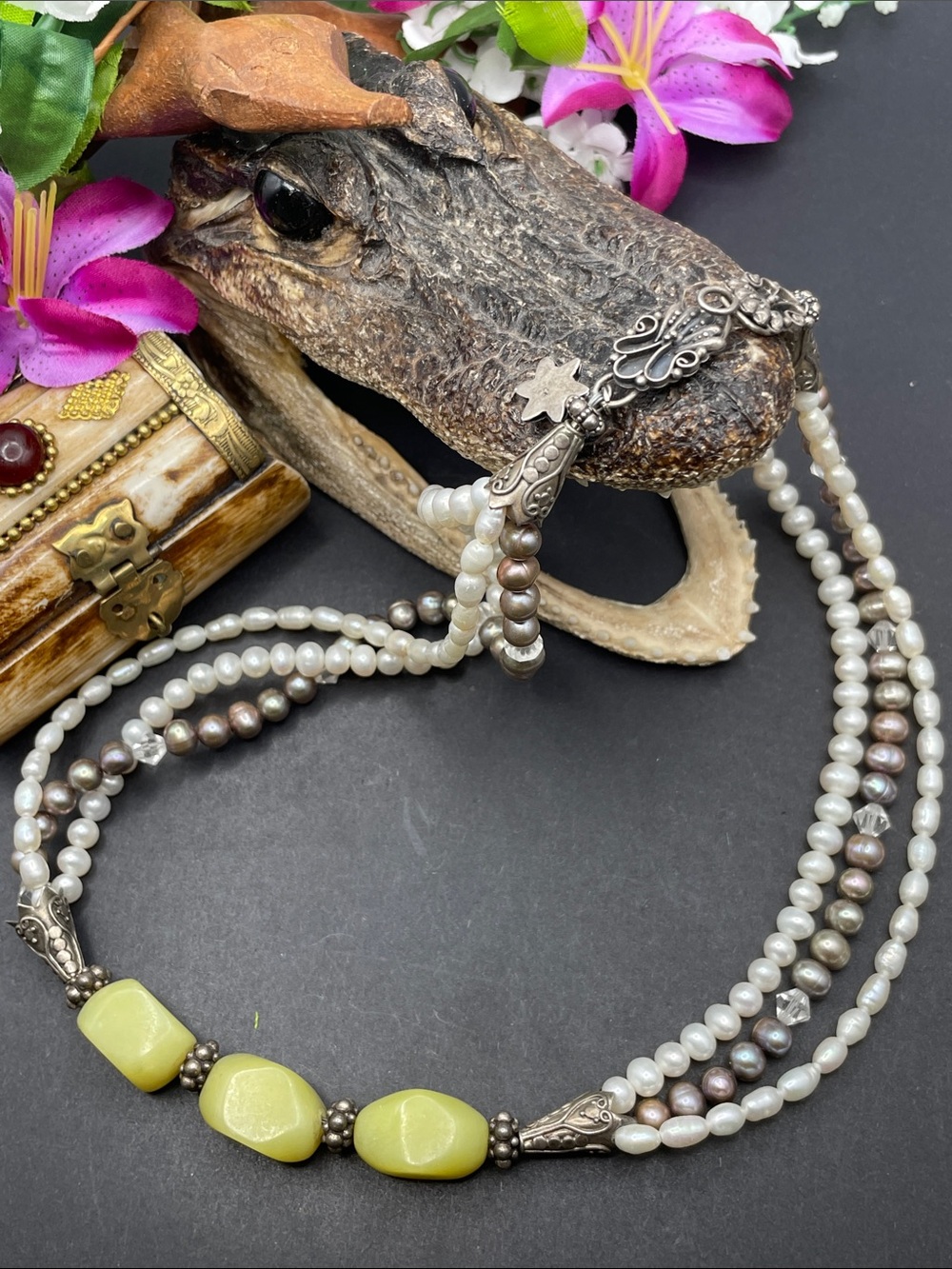 Freshwater pearl, serpentine, and 925 multi strand necklace B1